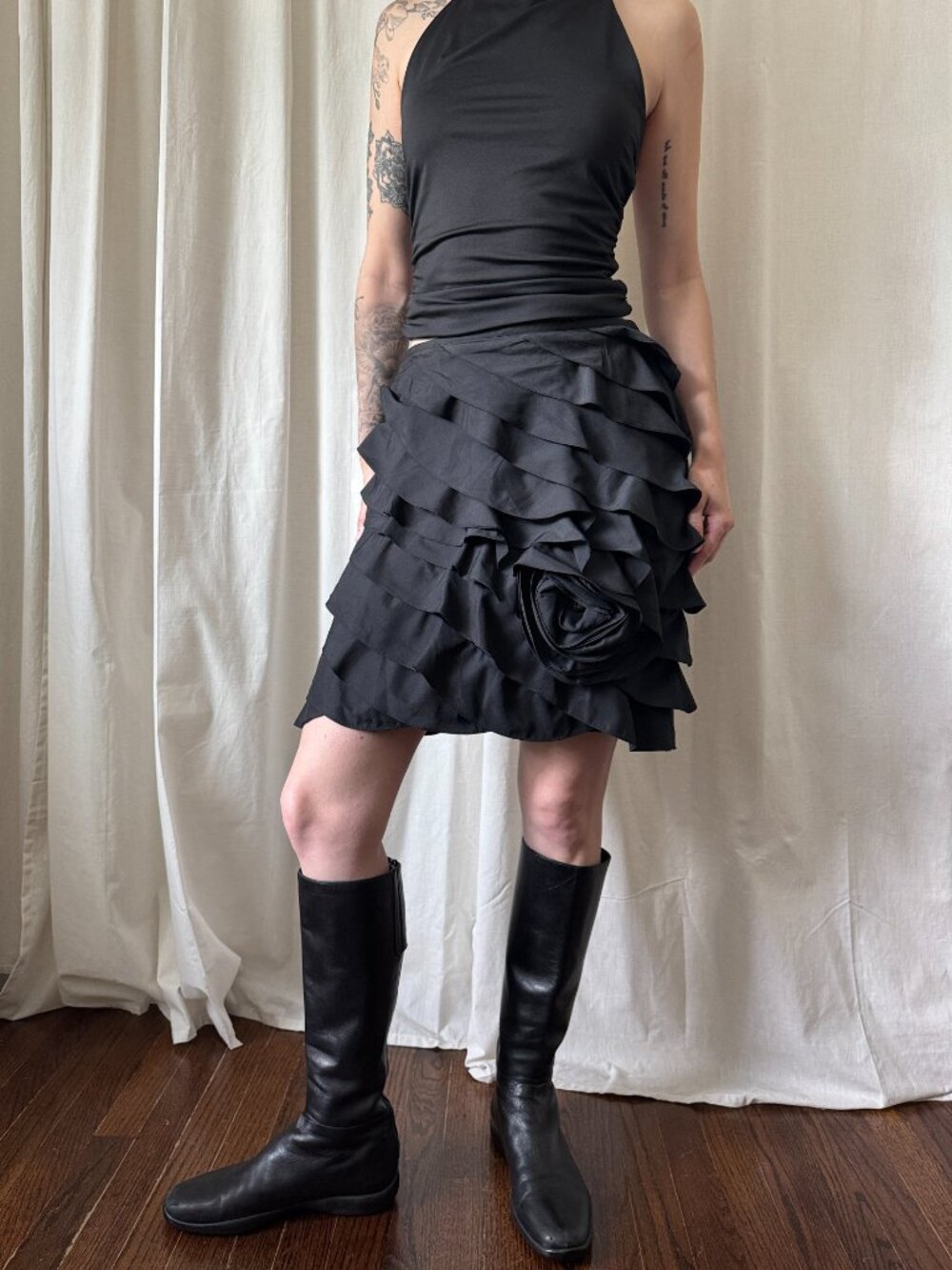 Vintage For Joseph Black Rosette Ruffle Skirt Women's Size 2 | Romantic Goth